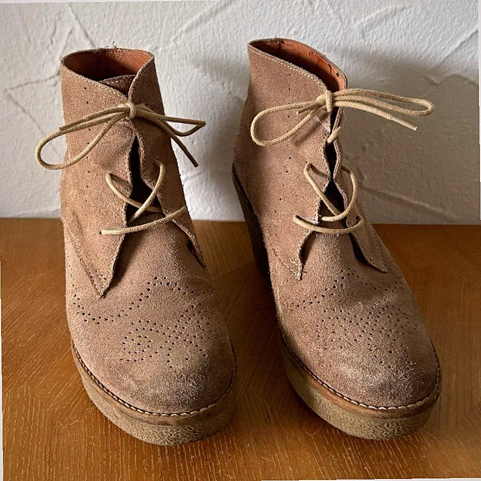 Marc O'Polo Damen Wildleder Stiefeletten beige Keilabsatz Schnürung