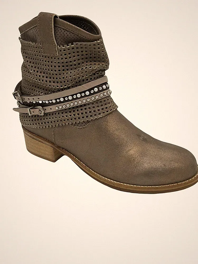 Maripe italienische Leder Stiefel Designer Boots Beige Gold Schnalle Perlen