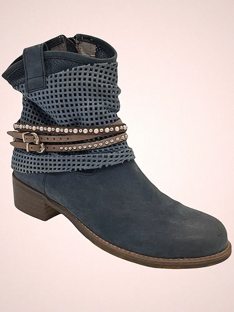 Maripe italienische Leder Stiefel Designer Boots Blau Beige Schnalle Perlen 37,5