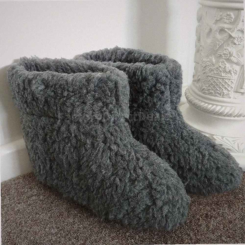 Merino's Grau Schafwolle Stiefel Hausschuhe Lammfell Echt Wildleder Sohle Damen Ladies