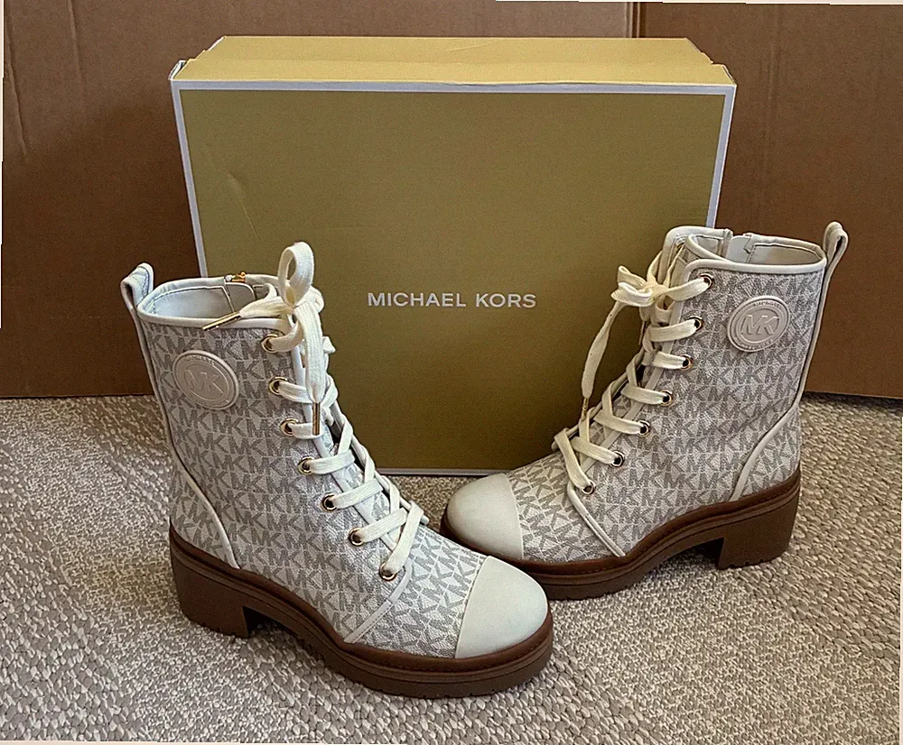 Michael Kors Schnürstiefel Boots (Corey Bootie) creme braun Gr. 37 Monogramm