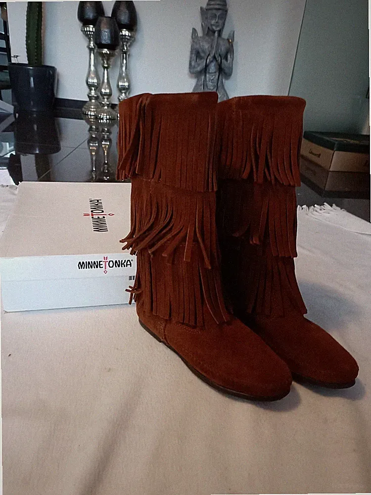 Minnetonka Fransen Stiefel Indianer Boots Echt Wildleder Braun Gr. 37 Wie Neu