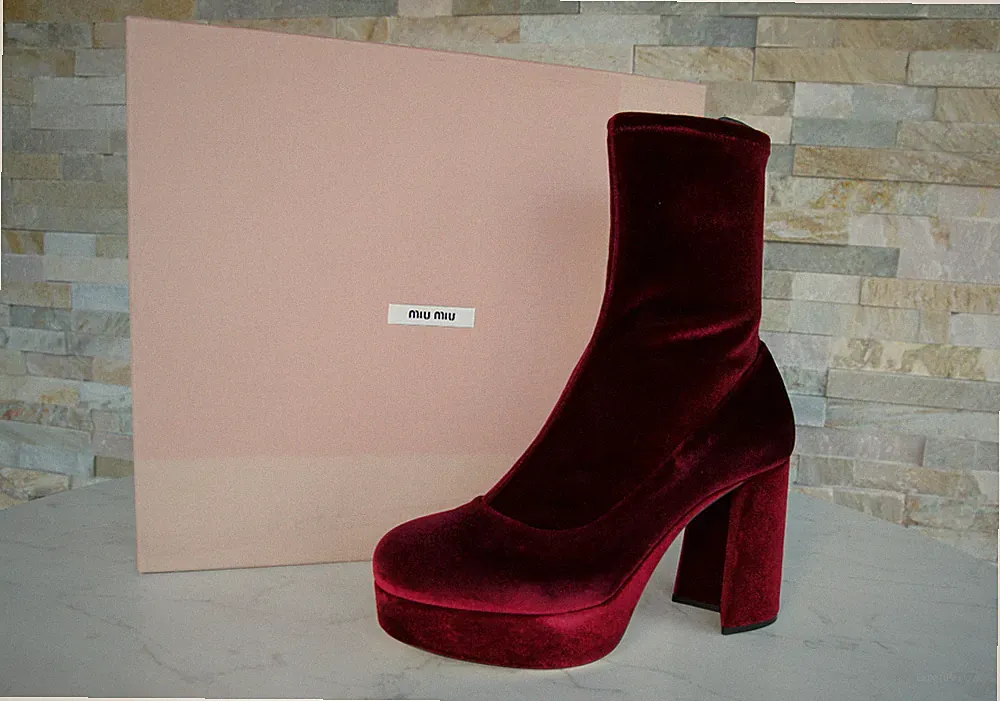 MIU MIU EU 39,5 Plateau Stiefeletten Schuhe Stretch Samt rot neu ehem UVP 690 €