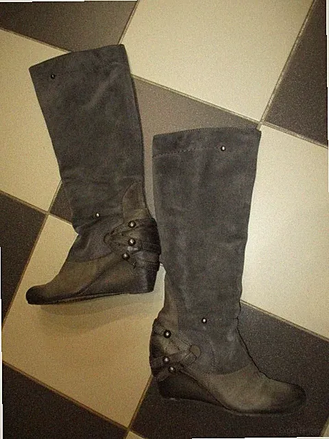 Mjus,Langgschaft Stiefel,Riemchen,Gr.40,Grau/Taupe,Keilabsatz 5cm.