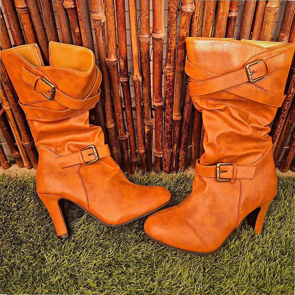 MNG Damen Stiefel Braun EU 37 Leder Blockabsatz Reißverschluss