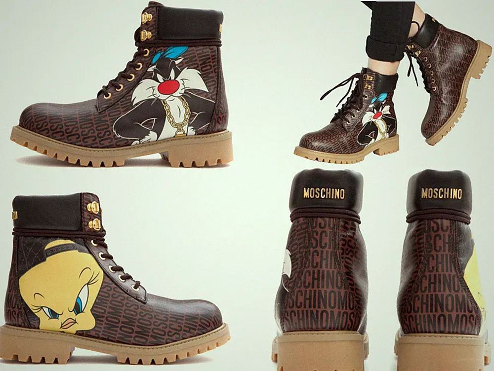 MOSCHINO DEADSTOCK LOONEY TUNES TWEETY COMBAT ANKLE HIKING BOOTS SCHUHE SHOES 40