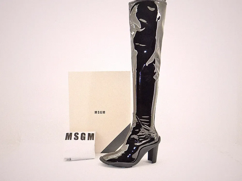 MSGM STIVALE DONNA Overknees Boots Stiefel Damenstiefel Lack Schwarz PU Gr.39