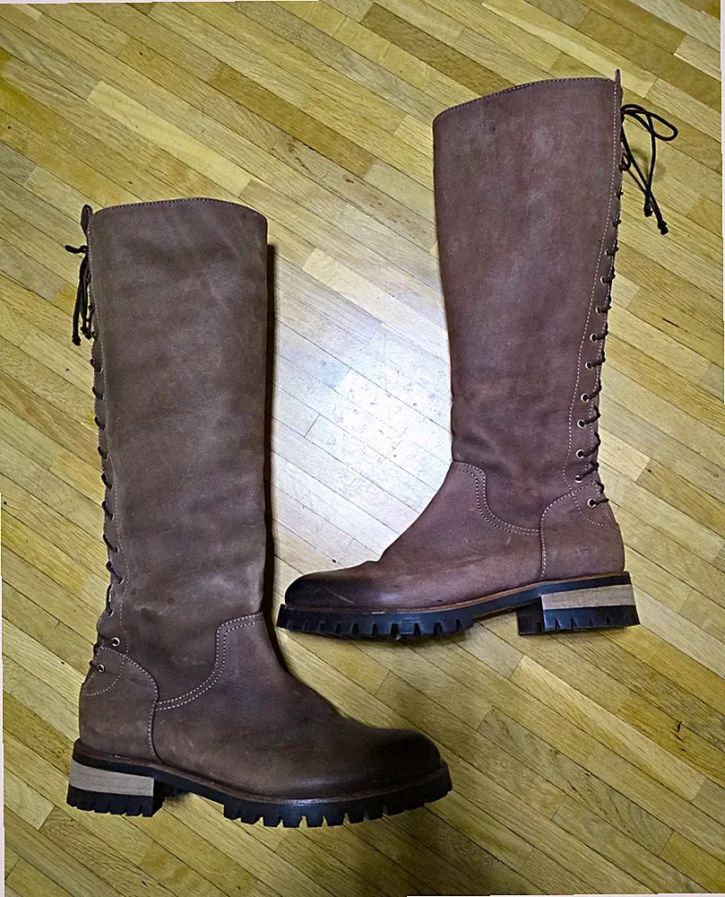 Napoleon Damen Reitstiefel kniehoch Leder Braun RV/Schnürung Blockabsatz 38