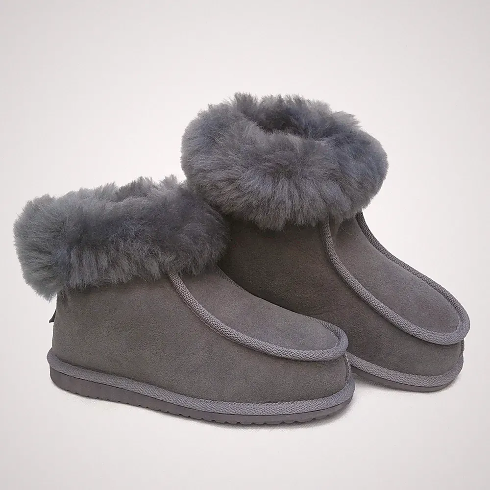 Neu Damen Frauen Premium Grau 100% Reine Fell Wolle Lammfell Hausschuhe Stiefel L
