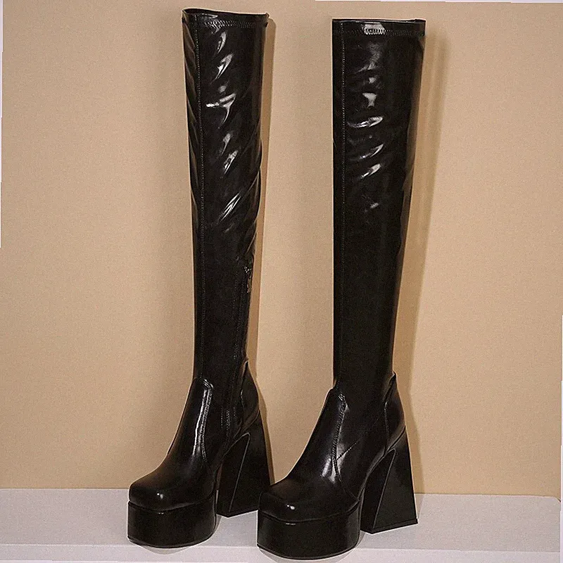 Neu Damen Over Knee Stiefel Blockabsatz High Heels Plateau Nachtclub Schuhe H931