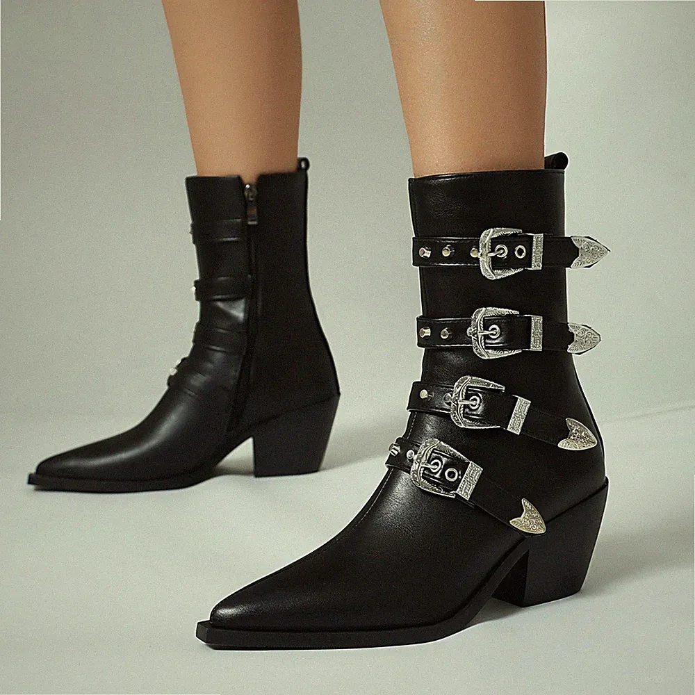 Neu Damen Schnallen Knöchel Stiefel Chelsea Stiefeletten Schuhe Blockabsatz H952
