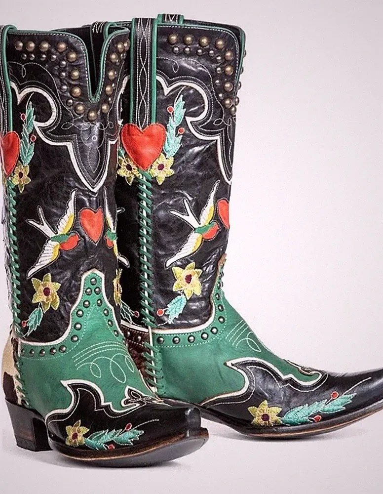 Neu Damen Stiefel Stiefeletten Blockabsatz Bestickt Nieten Cowboystiefel Schuhe