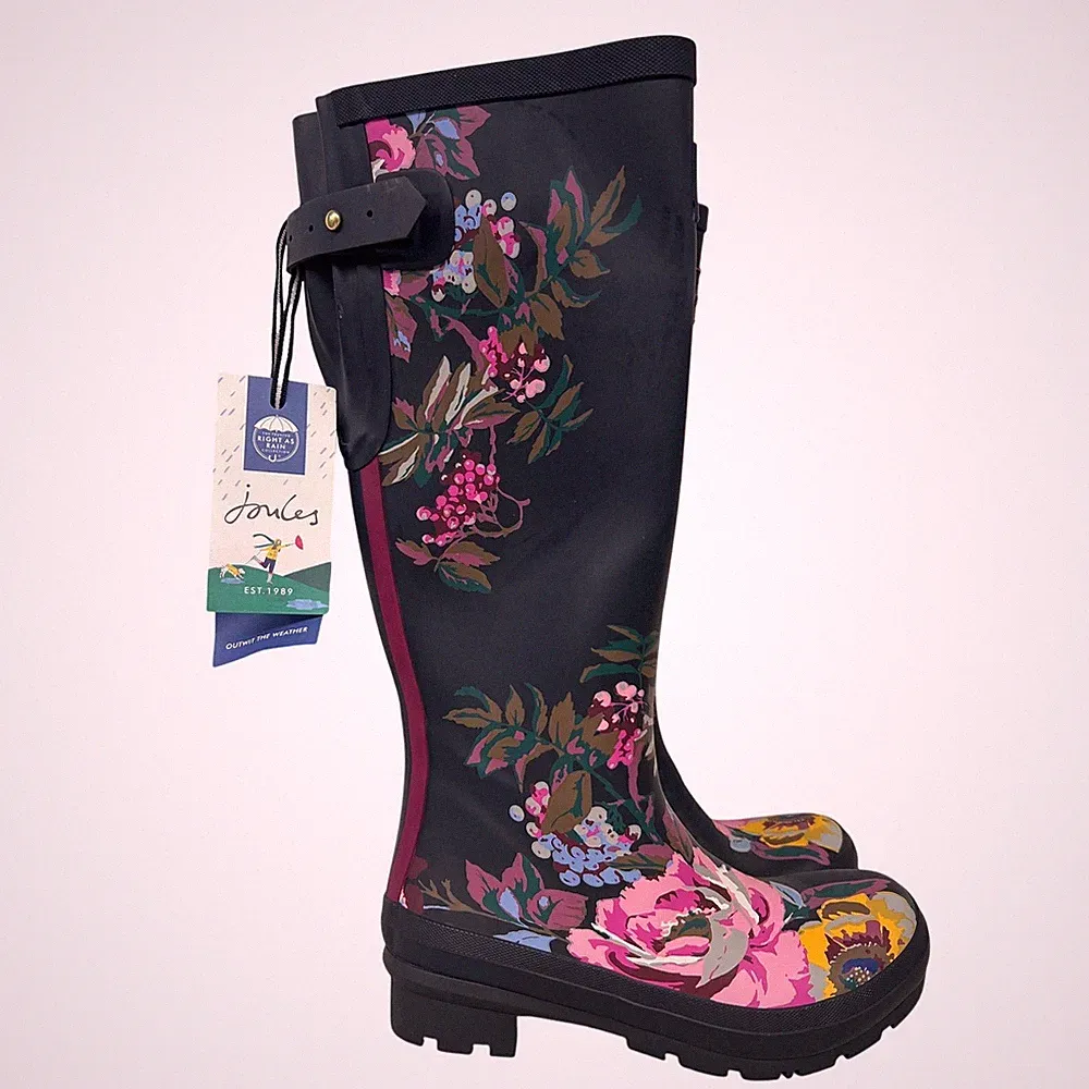 Neu Nwt Joules Sz US 5 Blumenmuster Gummistiefel Hoch Zug Auf Marineblau Sommer