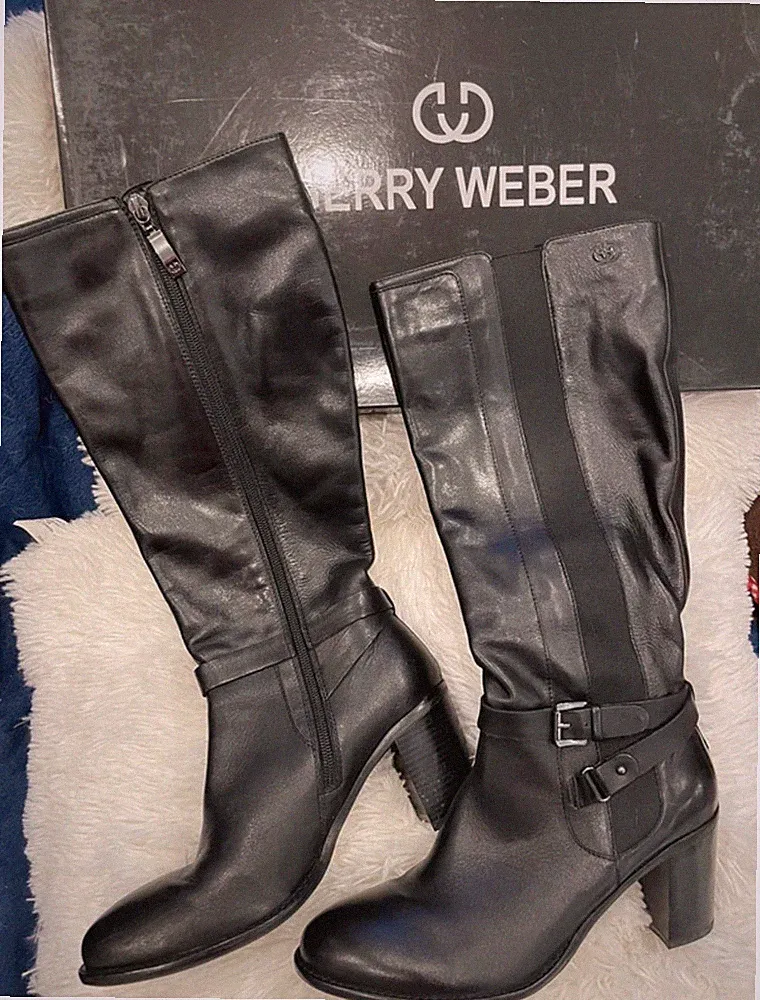 NEU ovp Gerry Weber Damen Stiefel Schwarz Gr 38 5 Leder hoher weit-Schaft Absatz