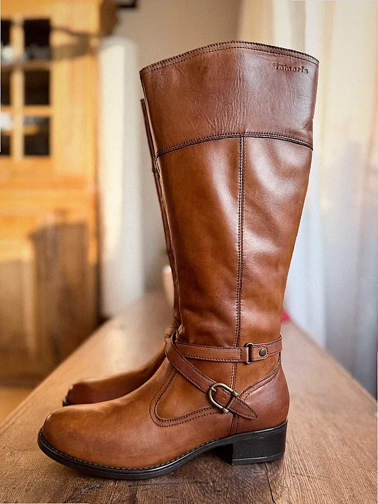Neu Tamaris Stiefel Cognac Gr. 38 Boots Reitstiefel Look