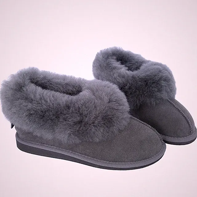 Neue graue hochwertige Deluxe Damen-Hausschuhe echtes Lammfell Wildleder harte Sohle