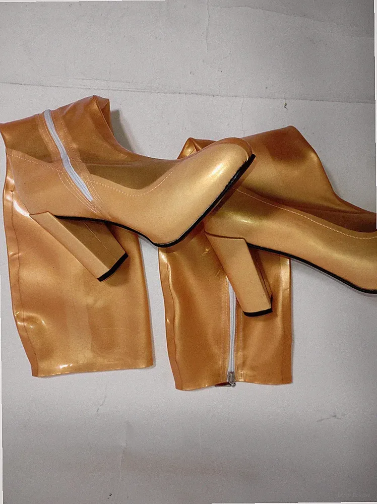 Neuheit Handmade latex Stiefel Kniehoch metalic gold Absatz 11cm block 47