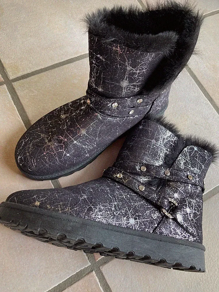 NEUW DAMEN-GLITZER-STEINE-NIETEN Gr.41 SILBER-SCHWARZ KUNST-FELL-BOOTS WARM (6)