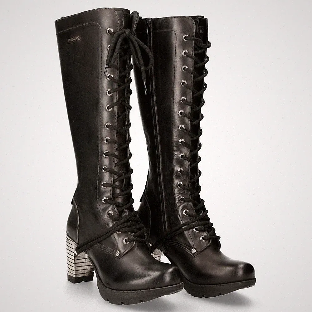 New Rock M-TR005-S1 High-Heel Damen Schwarz Schnürstiefel Kniehoch
