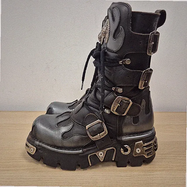 New Rock Stiefel Schwarz Leder Reactor Flame Biker Plateau Goth Punk UK 5 EU 38