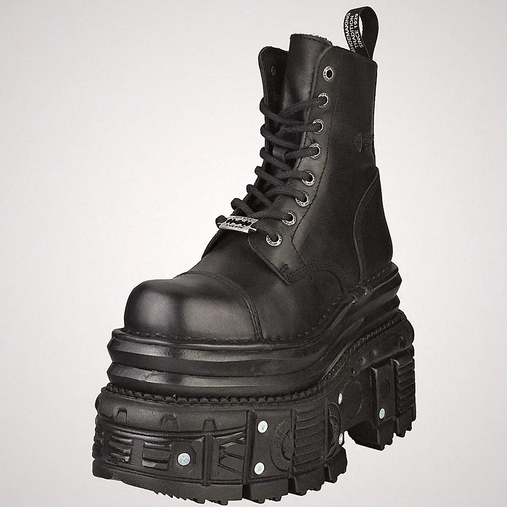 New Rock Unisex Plattform Stiefel M-MILI083CCT-C4 - Schwarz aus Leder
