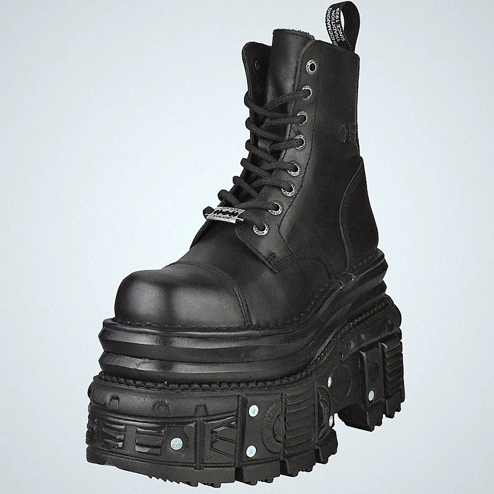 New Rock Unisex Plattform Stiefel M-MILI083CCT-C4 - Schwarz aus Leder