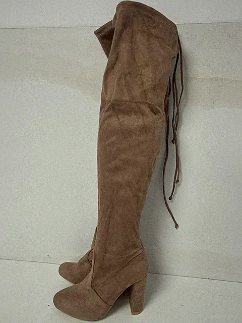 NO DOUBT Overknee-Stiefel Damen taupe Wildlederimitat zum Binden/Überziehen. UK(4)EU(37)-E100