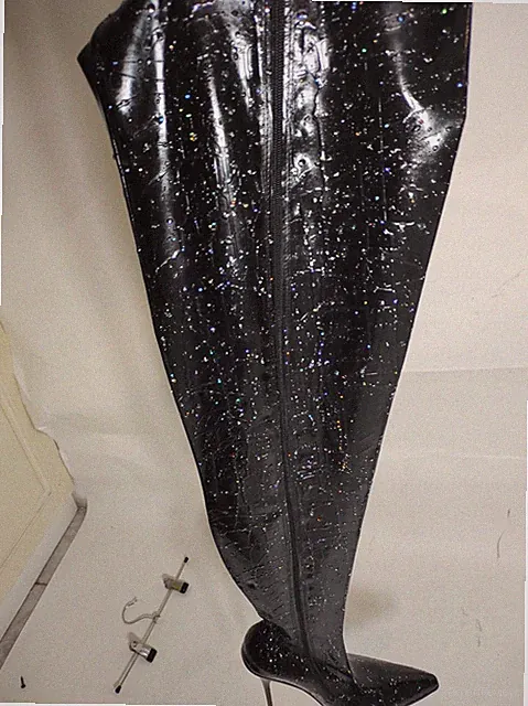 Novelty Exklusiver Latex stiefel schwarz silver glitter starke 0,8m size 38-47