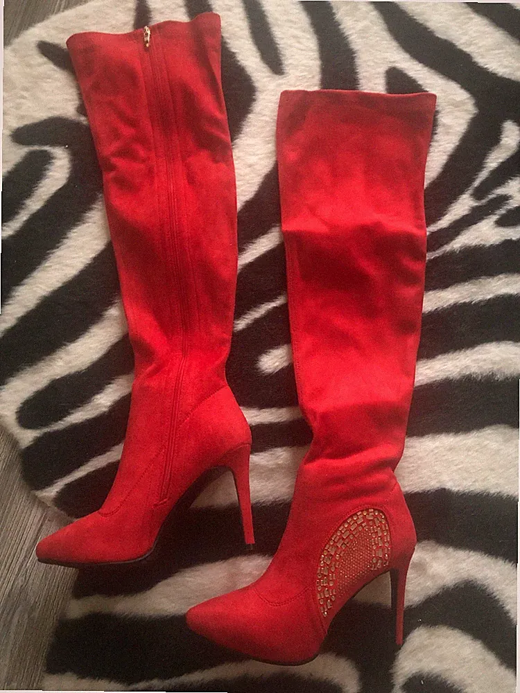 Overknee Stiefel Damen Rot Velours Gr 40 Absatz 11 cm NEU