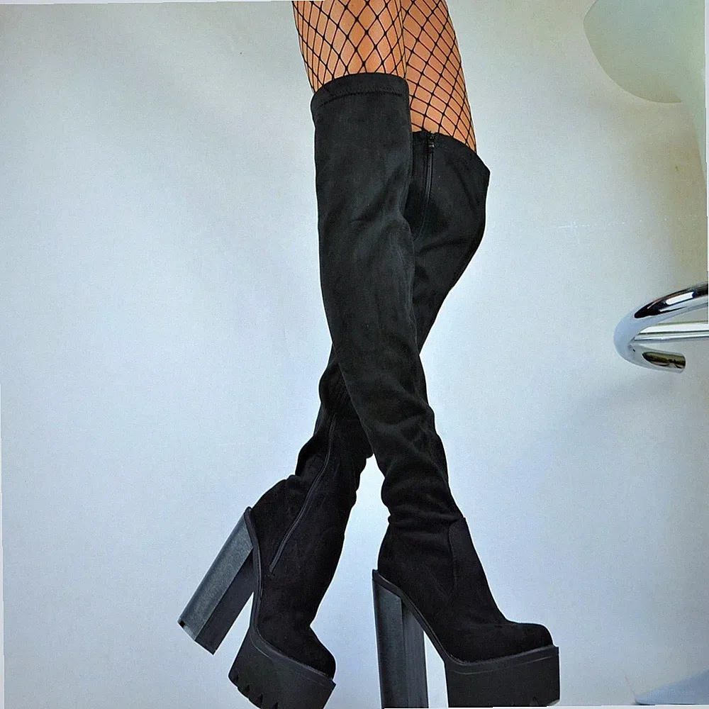OVERKNEE STIEFEL DAMENSCHUHE MIT BLOCKABSATZ PLATEAU PARTY HIGH HEELS