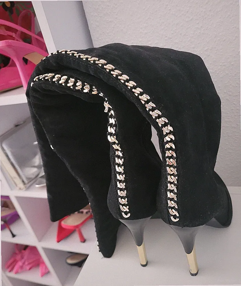 Overknee Stiefel 🖤 High Heels Gr.38 Schwarz Goldkette Spitz Veloursleder Optik
