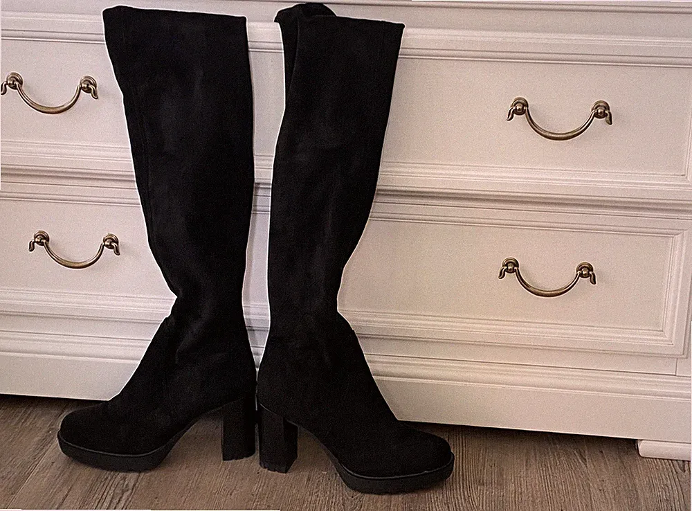 Overknee-Stiefel, Tamaris, Gr. 41, Schwarz Velour, Plateau, Gummisohle 1 Mal Ge