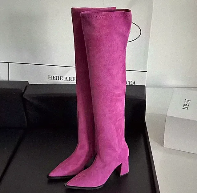 Overknee Stiefel Weitabsatz Spitze Fuchsia Fashion CF0314