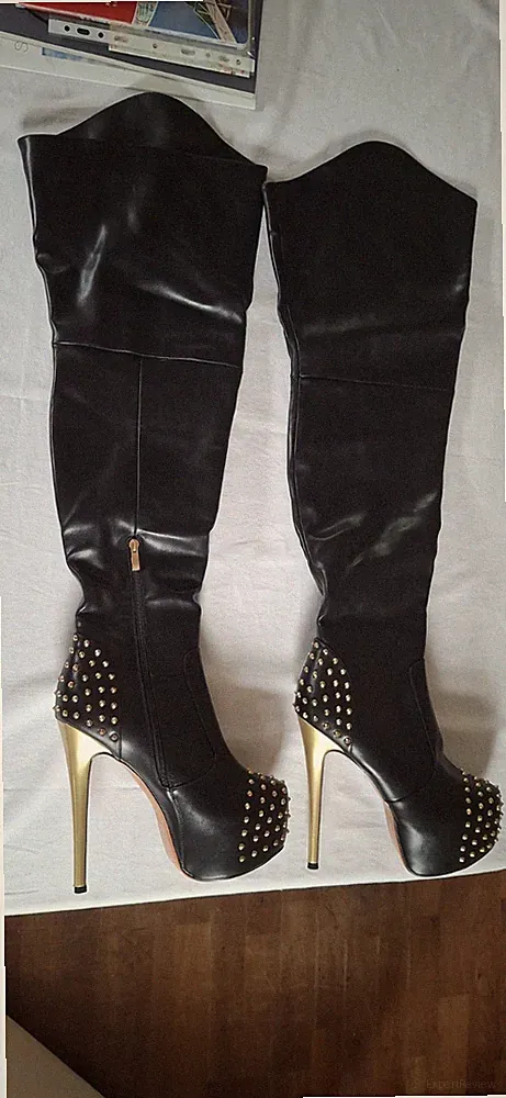 Overkneestiefel Kunstleder Plateau Schwarz Gr. 42 Hoher 16 cm Absatz Nieten