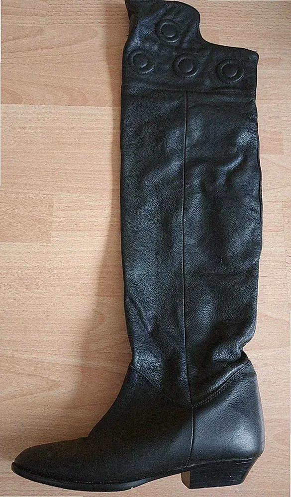 Overknie MODA GRANDE ELASTOMERE Damen Stiefel Vintage Gr.38 Leder Schwarz Neuwe.