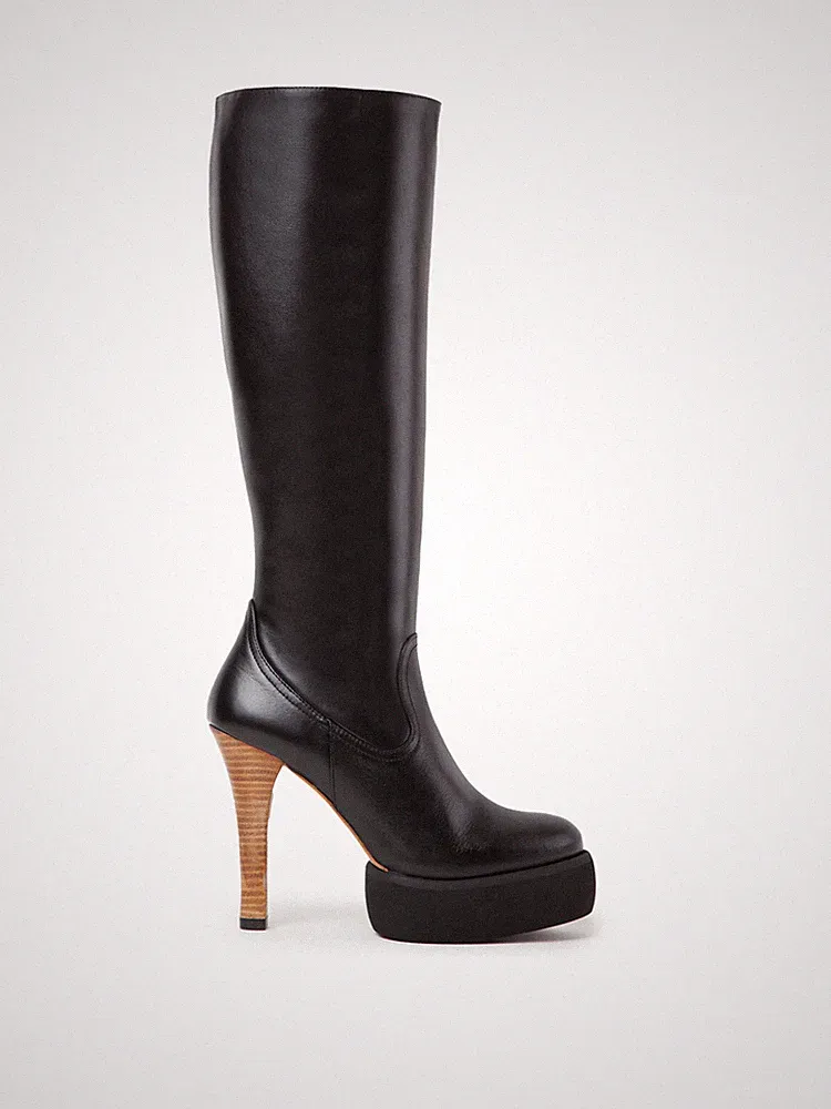 Paloma Barcelò Stiefel aus schwarzem Leder mit Holzabsatz 12 cm und flach. 4 cm Kunst HELLA