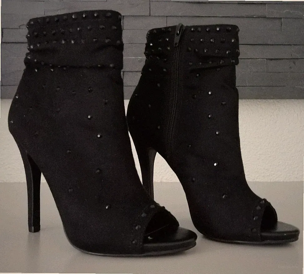 Peeptoe Stiefeletten High Heels Ankle Boots Gr. 37 CATWALK schwarz Glitzer ~NEU~