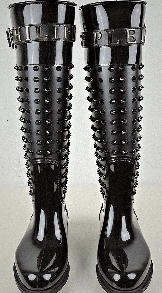 PHILIPP PLEIN Gummistiefel Flat High Kniehöhe Stiefel Schaftstiefel Gr.35 NEU