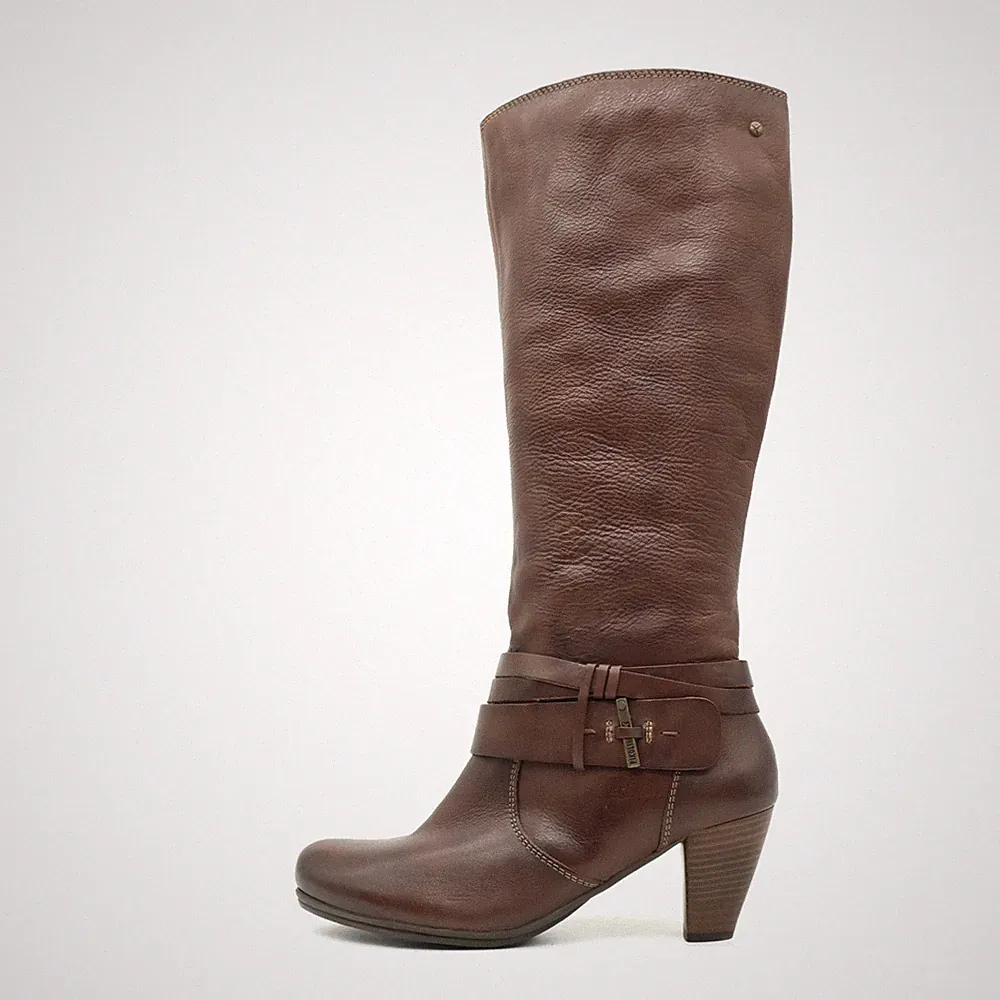 Pikolinos Damen High Heel Stiefel Braun Leder Knieschaft Schnalle, Komfort EU 39