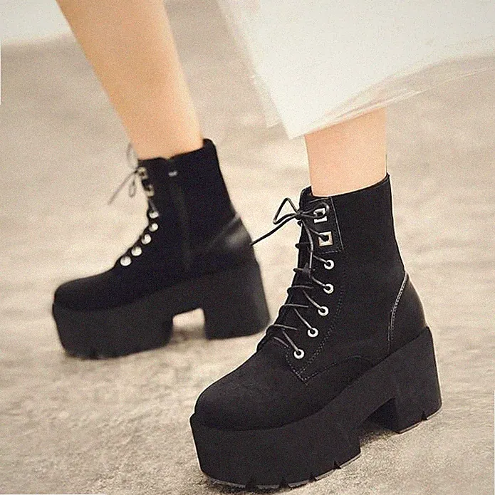 Plateau Gothic Schnürstiefeletten Blockabsatz High Heels Biker Boots Punk Schuhe