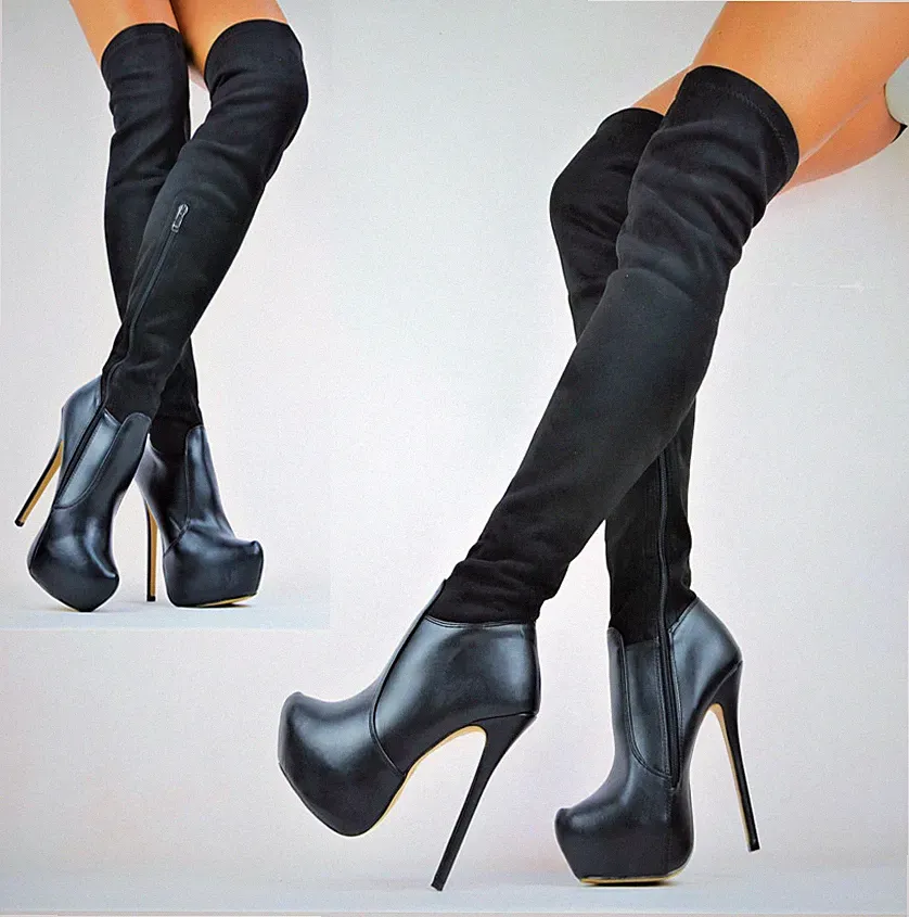 PLATEAU XL OVERKNNE STIEFEL SEXY DAMENSCHUHE CLUB-PARTY ELEGANT PUMPS SCHWARZ