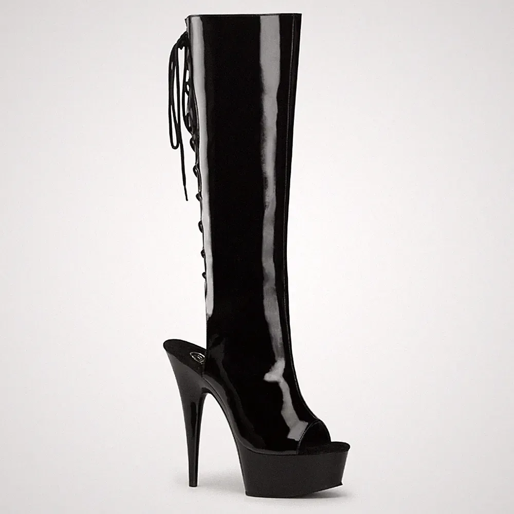PleaserUSA Damen Plateau-Kniestiefel Delight-2018 Lack schwarz
