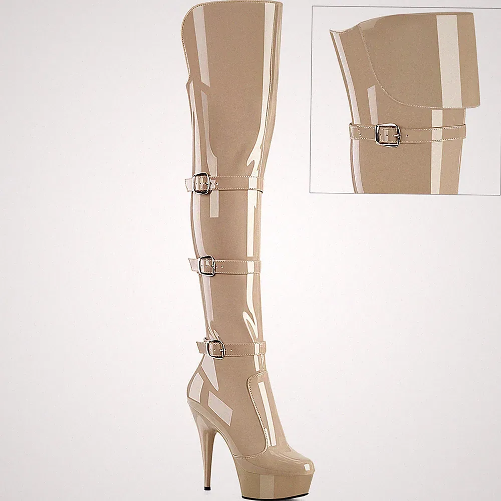 PleaserUSA Damen Plateau Overknee Schnallen Stiefel Delight-3018 Lack nude