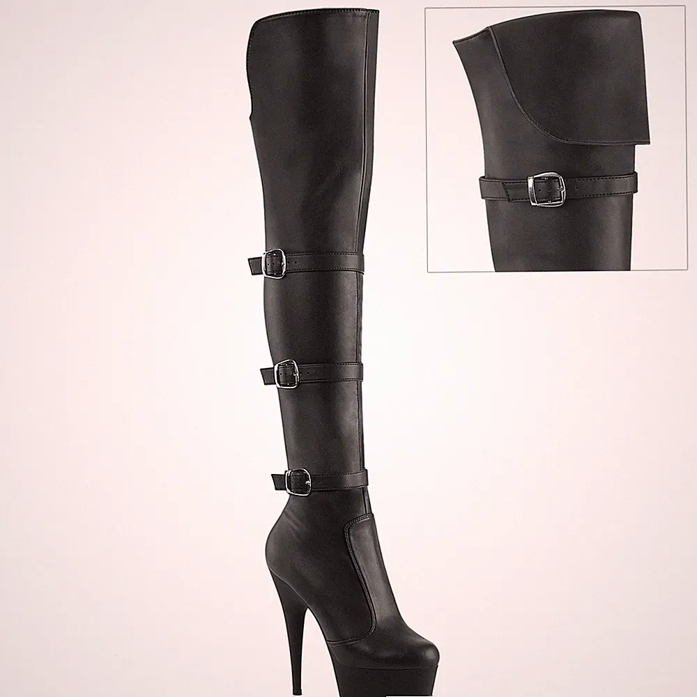 PleaserUSA Damen Plateau Overknee Schnallen Stiefel Delight-3018 mattschwarz