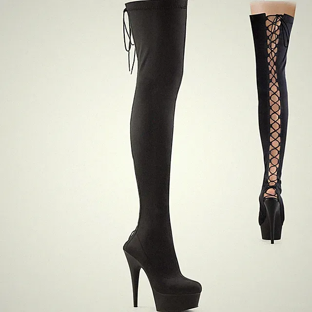 PleaserUSA Damen Plateau Stiletto Overkneestiefel Delight-3003 Satin schwarz