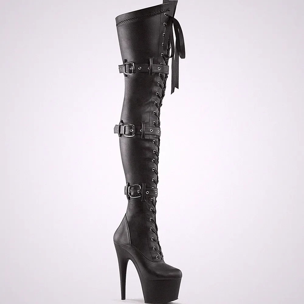 PleaserUSA Damen Platform Overknee-Schnür-Stiefel Adore-3028 mattschwarz