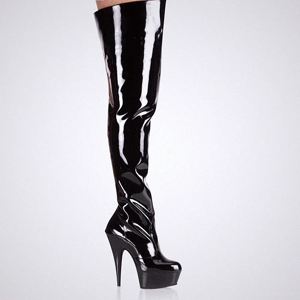 PleaserUSA Plateau-Overknee-Stiefel Delight-3010 Lack schwarz