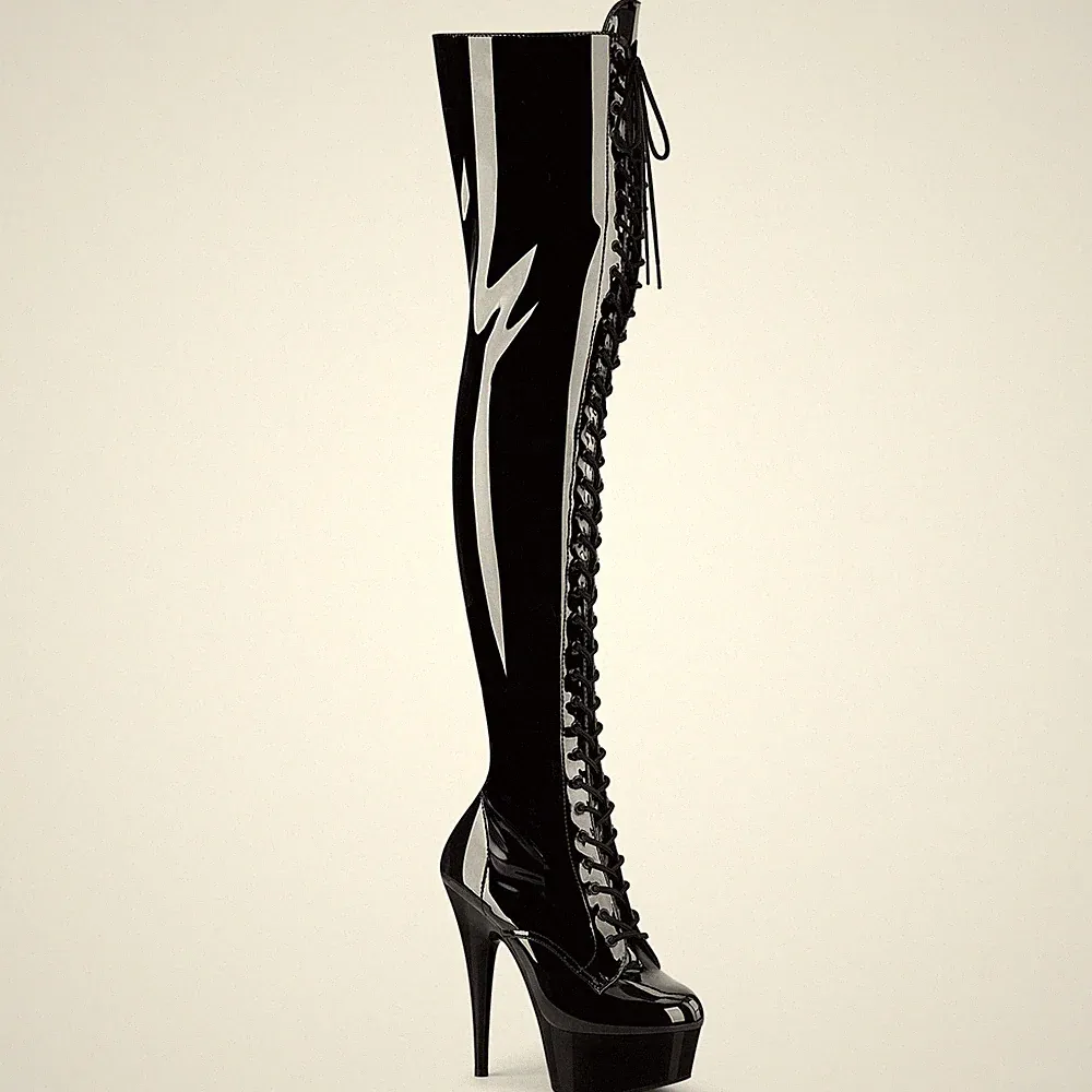 PleaserUSA Plateau-Overknee-Stiefel Delight-3023 Lack schwarz
