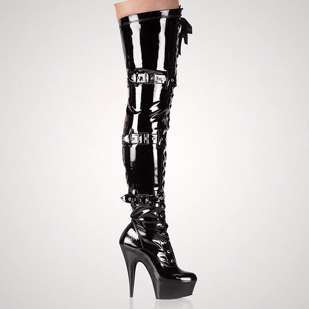 PleaserUSA Plateau-Overknee-Stiefel Delight-3028 Lack schwarz
