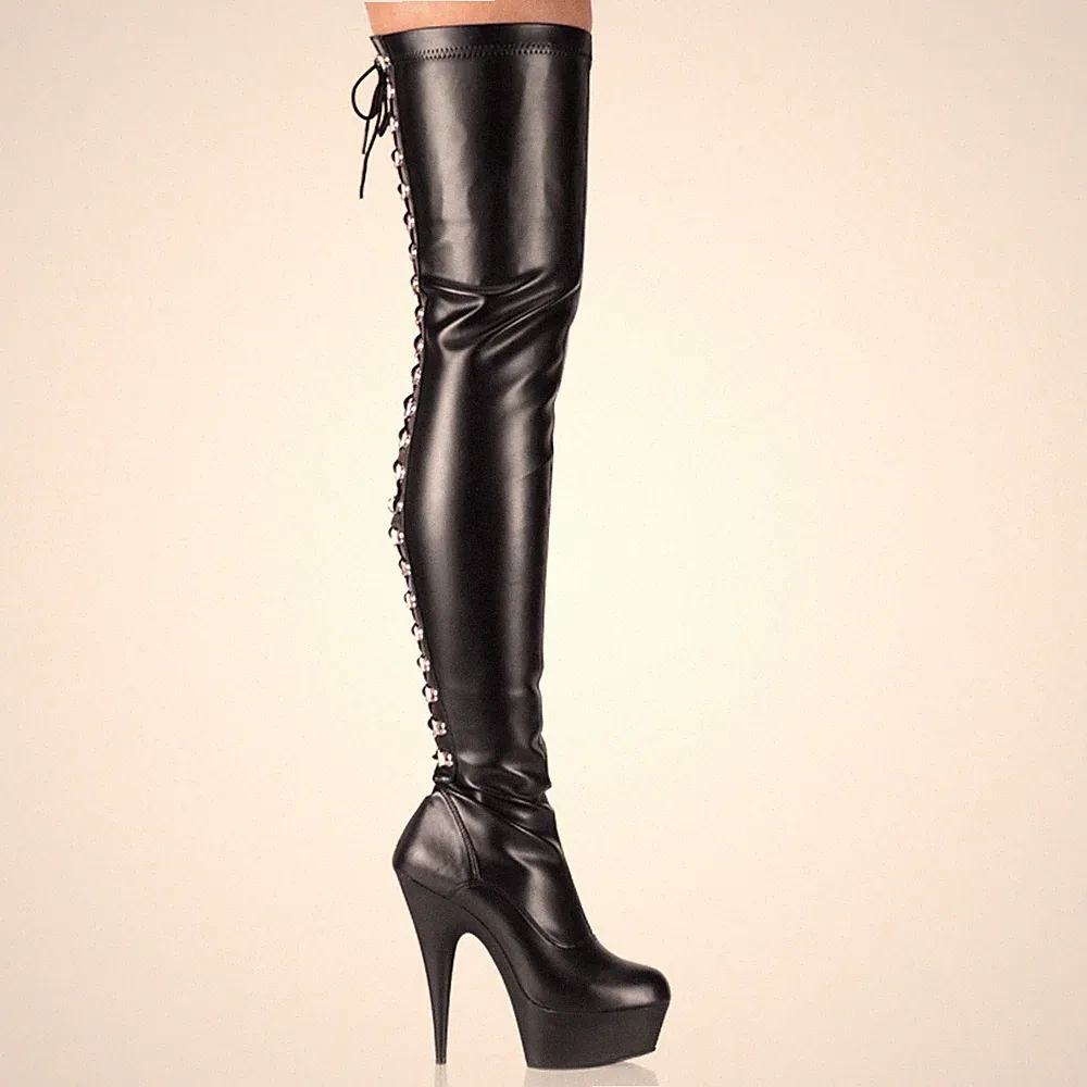 PleaserUSA Plateau-Overknee-Stiefel Delight-3063 mattschwarz